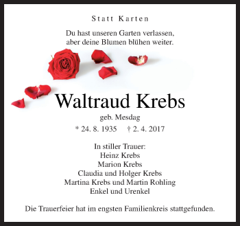 Traueranzeige von Waltraud Krebs von Neue Osnabrücker Zeitung GmbH & Co. KG