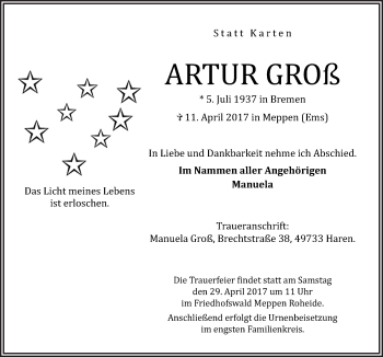 Traueranzeige von Artur Groß von Neue Osnabrücker Zeitung GmbH & Co. KG