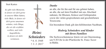 Traueranzeige von Heinz Schnieders von Neue Osnabrücker Zeitung GmbH & Co. KG