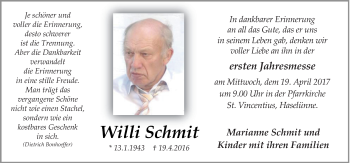 Traueranzeige von Willi Schmit von Neue Osnabrücker Zeitung GmbH & Co. KG