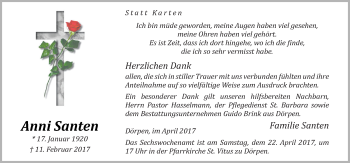 Traueranzeige von Anni Santen von Neue Osnabrücker Zeitung GmbH & Co. KG