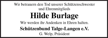 Traueranzeige von Hilde Burlage von Neue Osnabrücker Zeitung GmbH & Co. KG