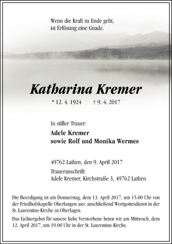 Traueranzeige von Katharina Kremer von Neue Osnabrücker Zeitung GmbH & Co. KG