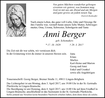 Traueranzeige von Anni Berger von Neue Osnabrücker Zeitung GmbH & Co. KG