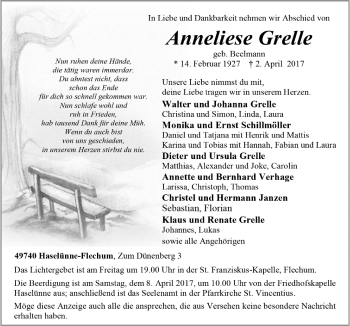 Traueranzeige von Anneliese Grelle von Neue Osnabrücker Zeitung GmbH & Co. KG