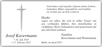 Traueranzeige von Josef Kavermann von Neue Osnabrücker Zeitung GmbH & Co. KG