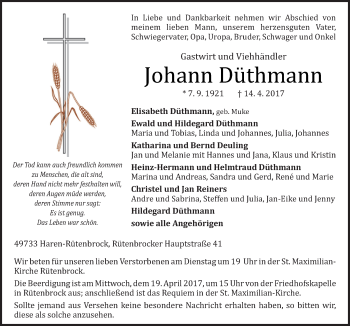 Traueranzeige von Johann Düthmann von Neue Osnabrücker Zeitung GmbH & Co. KG