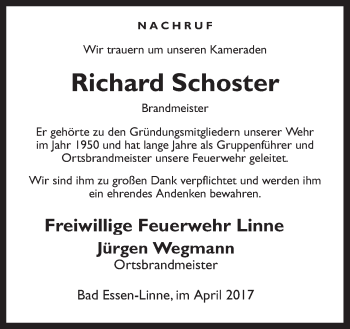 Traueranzeige von Richard Schoster von Neue Osnabrücker Zeitung GmbH & Co. KG