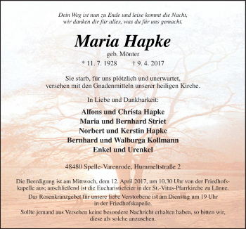 Traueranzeige von Maria Hapke von Neue Osnabrücker Zeitung GmbH & Co. KG