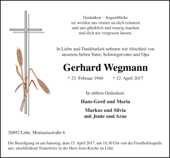Traueranzeige von Gerhard Wegmann von Neue Osnabrücker Zeitung GmbH & Co. KG