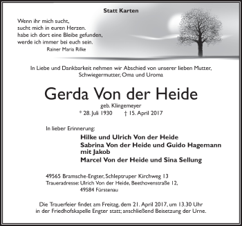 Traueranzeige von Gerda  Von der Heide von Neue Osnabrücker Zeitung GmbH & Co. KG