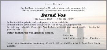 Traueranzeige von Bernd Vos von Neue Osnabrücker Zeitung GmbH & Co. KG