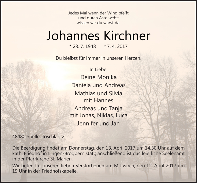  Traueranzeige für Johannes Kirchner vom 11.04.2017 aus Neue Osnabrücker Zeitung GmbH & Co. KG