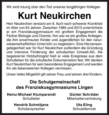 Traueranzeige von Kurt Neukirchen von Neue Osnabrücker Zeitung GmbH & Co. KG