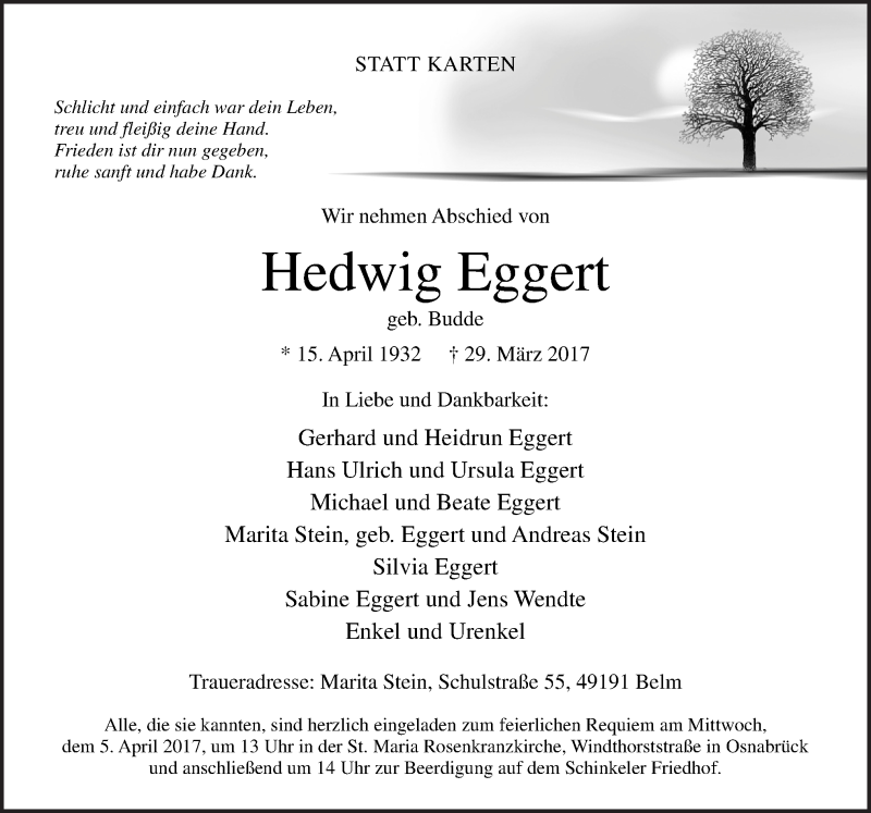  Traueranzeige für Hedwig Eggert vom 01.04.2017 aus Neue Osnabrücker Zeitung GmbH & Co. KG