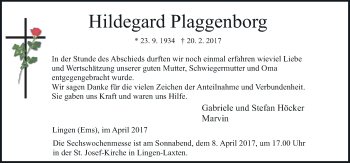 Traueranzeige von Hildegard Plaggenborg von Neue Osnabrücker Zeitung GmbH & Co. KG