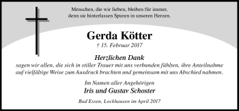 Traueranzeige von Gerda Kötter von Neue Osnabrücker Zeitung GmbH & Co. KG