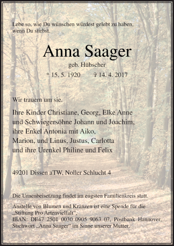 Traueranzeige von Anna Saager von Neue Osnabrücker Zeitung GmbH & Co. KG