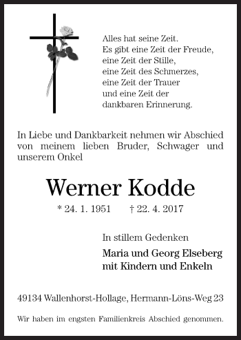 Traueranzeige von Werner Kodde von Neue Osnabrücker Zeitung GmbH & Co. KG