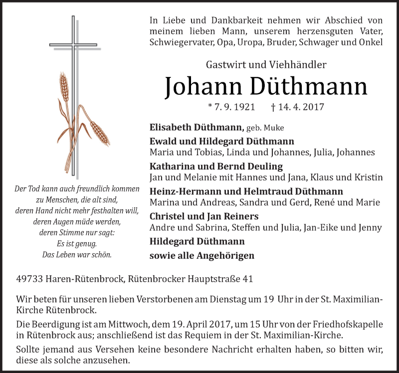  Traueranzeige für Johann Düthmann vom 18.04.2017 aus Neue Osnabrücker Zeitung GmbH & Co. KG