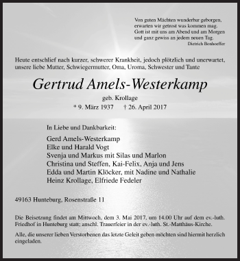 Traueranzeige von Gertrud Amels-Westenkamp von Neue Osnabrücker Zeitung GmbH & Co. KG