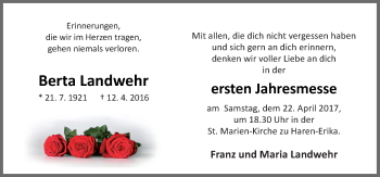 Traueranzeige von Berta Landwehr von Neue Osnabrücker Zeitung GmbH & Co. KG