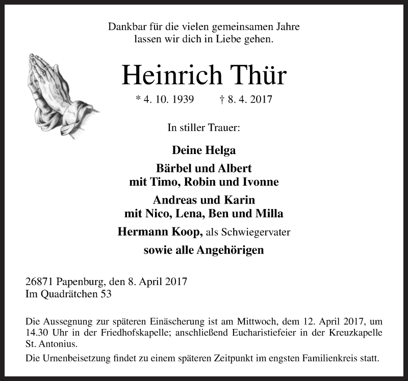  Traueranzeige für Heinrich Thür vom 10.04.2017 aus Neue Osnabrücker Zeitung GmbH & Co. KG