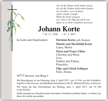 Traueranzeige von Johann Korte von Neue Osnabrücker Zeitung GmbH & Co. KG