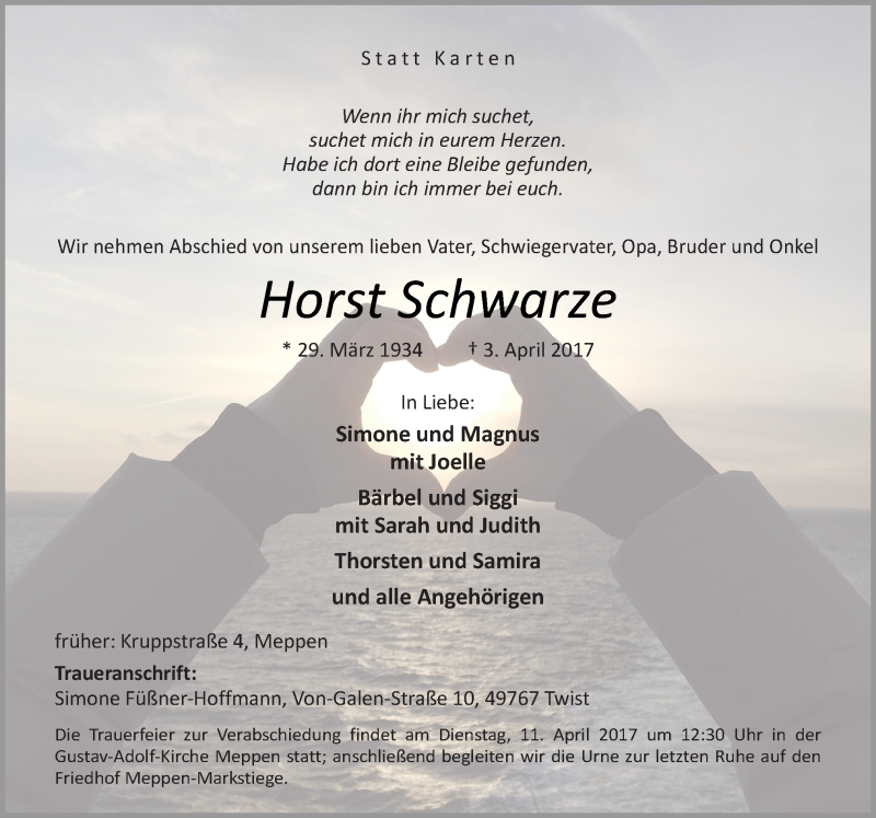  Traueranzeige für Horst Schwarze vom 08.04.2017 aus Neue Osnabrücker Zeitung GmbH & Co. KG