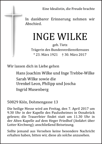 Traueranzeige von Inge Wilke von Neue Osnabrücker Zeitung GmbH & Co. KG