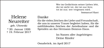 Traueranzeige von Helene Neureiter von Neue Osnabrücker Zeitung GmbH & Co. KG