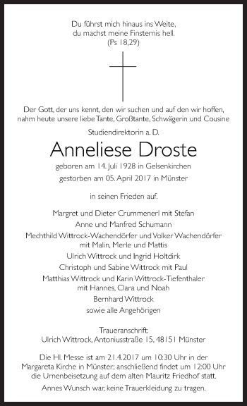 Traueranzeige von Anneliese Droste von Neue Osnabrücker Zeitung GmbH & Co. KG