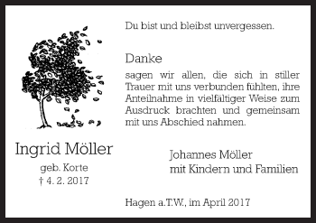 Traueranzeige von Ingrid Möller von Neue Osnabrücker Zeitung GmbH & Co. KG