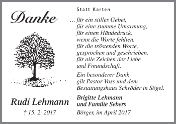 Traueranzeige von Rudi Lehmann von Neue Osnabrücker Zeitung GmbH & Co. KG