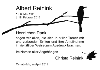 Traueranzeige von Albert Reinink von Neue Osnabrücker Zeitung GmbH & Co. KG