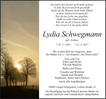 Traueranzeige von Lydia Schwegmann von Neue Osnabrücker Zeitung GmbH & Co. KG