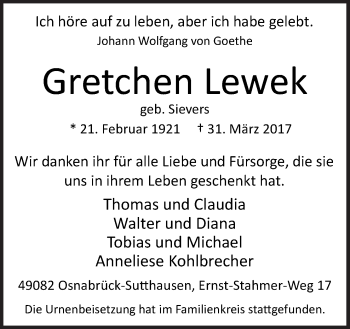 Traueranzeige von Gretchen Lewek von Neue Osnabrücker Zeitung GmbH & Co. KG