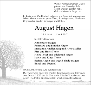 Traueranzeige von Annemarie Hagen von Neue Osnabrücker Zeitung GmbH & Co. KG