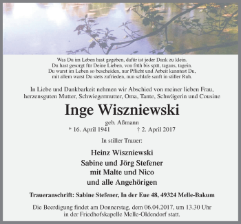 Traueranzeige von Inge Wiszniewski von Neue Osnabrücker Zeitung GmbH & Co. KG