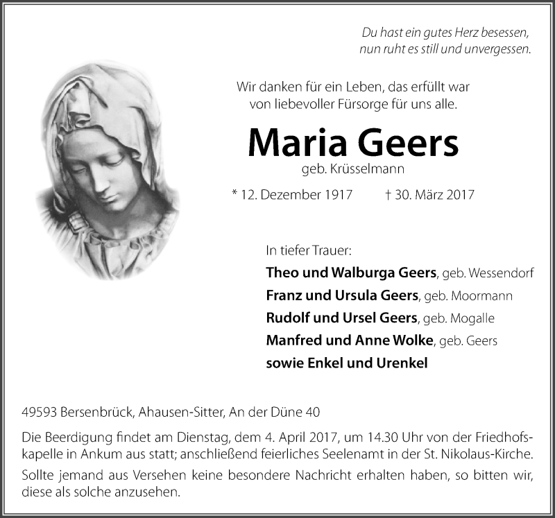 Traueranzeigen von Maria Geers | noz Trauerportal