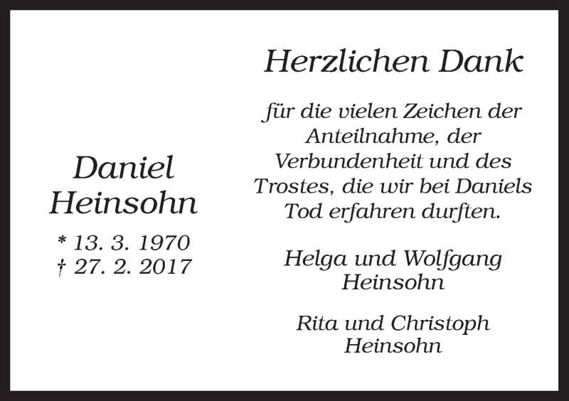  Traueranzeige für Daniel Heinsohn vom 20.04.2017 aus Neue Osnabrücker Zeitung GmbH & Co. KG