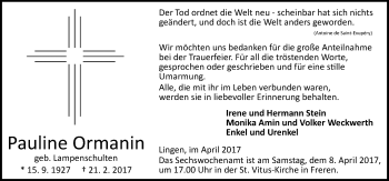Traueranzeige von Pauline Ormanin von Neue Osnabrücker Zeitung GmbH & Co. KG