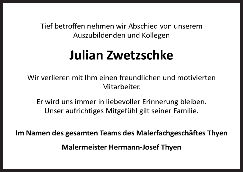  Traueranzeige für Julian Zwetzschke vom 21.04.2017 aus Neue Osnabrücker Zeitung GmbH & Co. KG