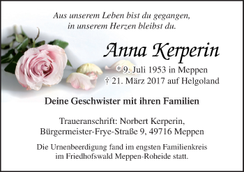 Traueranzeige von Anna Kerperin von Neue Osnabrücker Zeitung GmbH & Co. KG