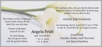 Traueranzeige von Angela Feldt von Neue Osnabrücker Zeitung GmbH & Co. KG