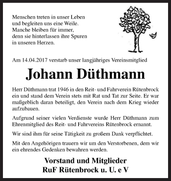 Traueranzeige von Johann Düthmann von Neue Osnabrücker Zeitung GmbH & Co. KG