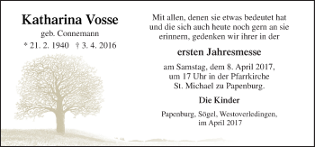 Traueranzeige von Katharina Vosse von Neue Osnabrücker Zeitung GmbH & Co. KG