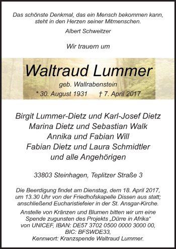 Traueranzeige von Waltraud Lummer von Neue Osnabrücker Zeitung GmbH & Co. KG