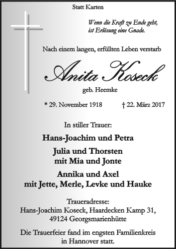 Traueranzeige von Anita Koseck von Neue Osnabrücker Zeitung GmbH & Co. KG