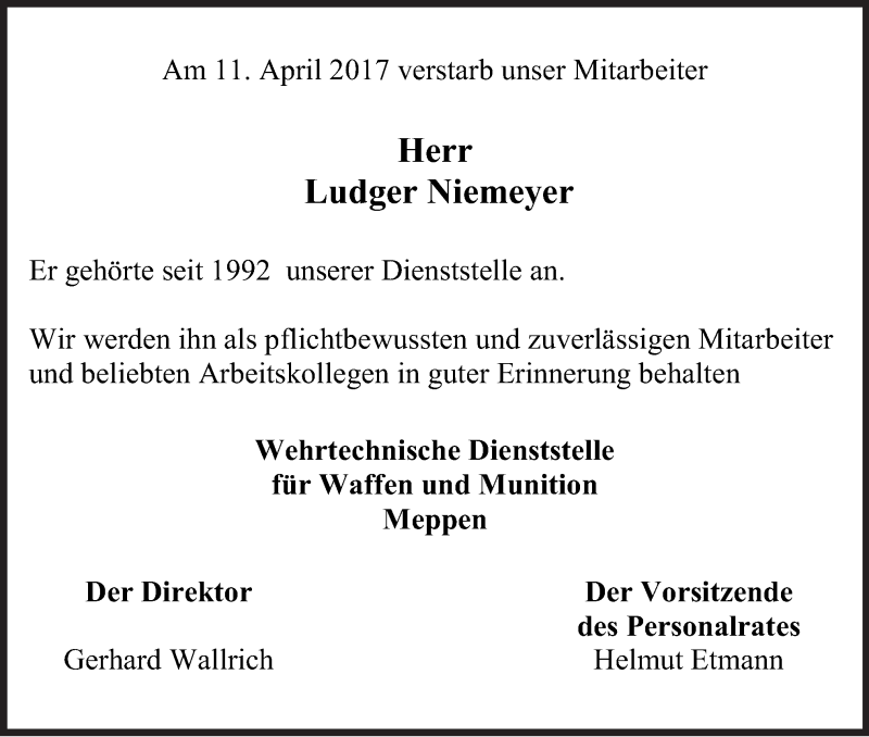  Traueranzeige für Ludger Niemeyer vom 15.04.2017 aus Neue Osnabrücker Zeitung GmbH & Co. KG